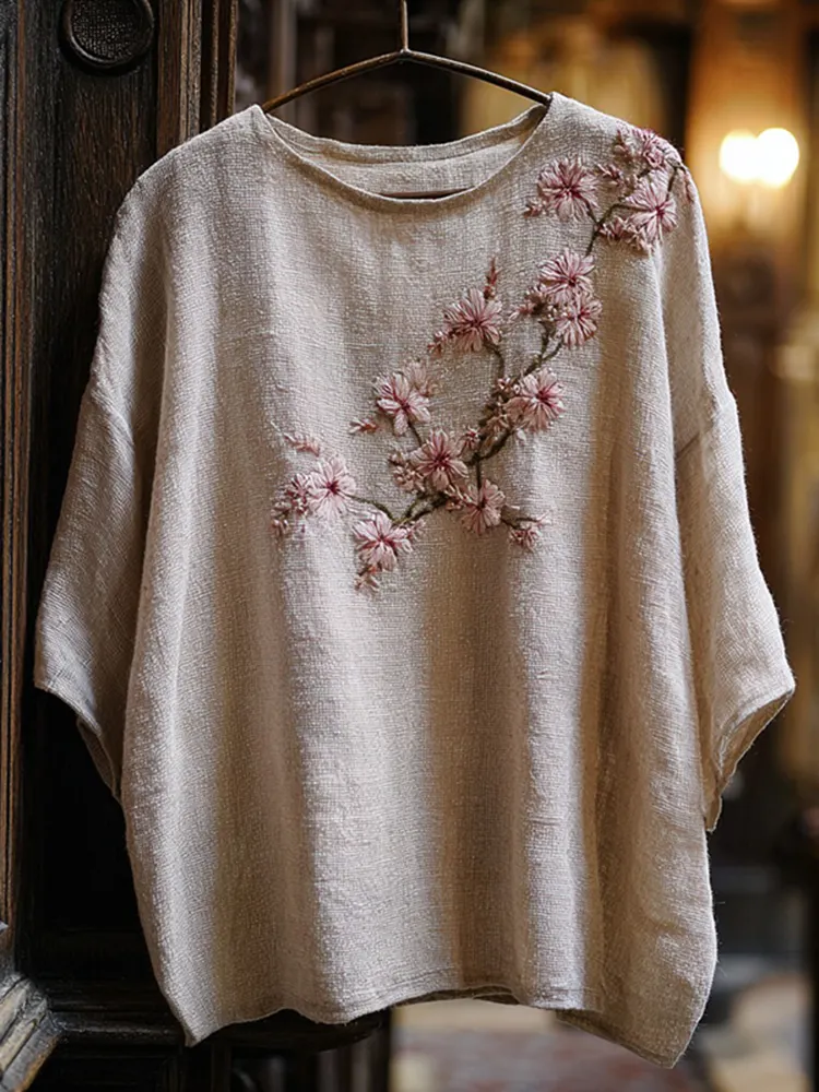 Women's Vintage Cherry Blossom Embroidered Casual Top
