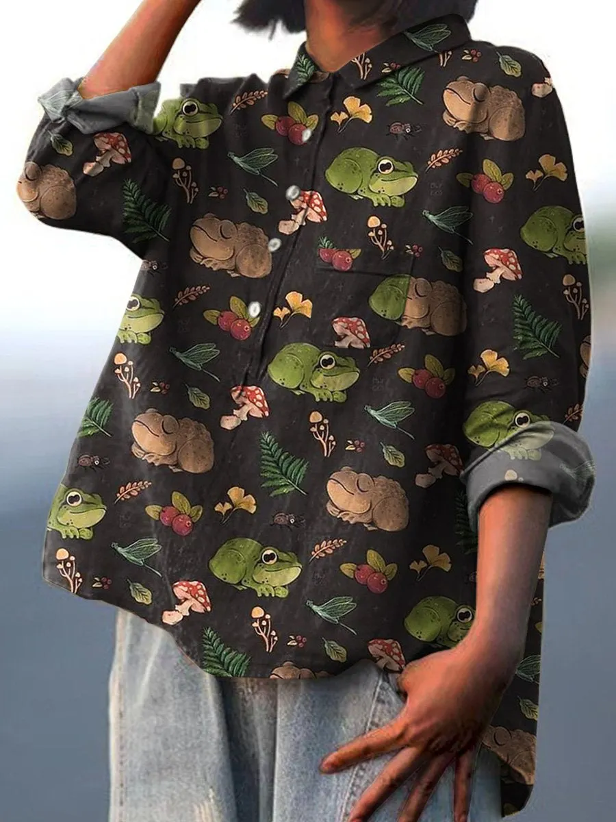 Frog & Woodland Repeat Pattern Printed Women's Casual Cotton & Linen Shirt