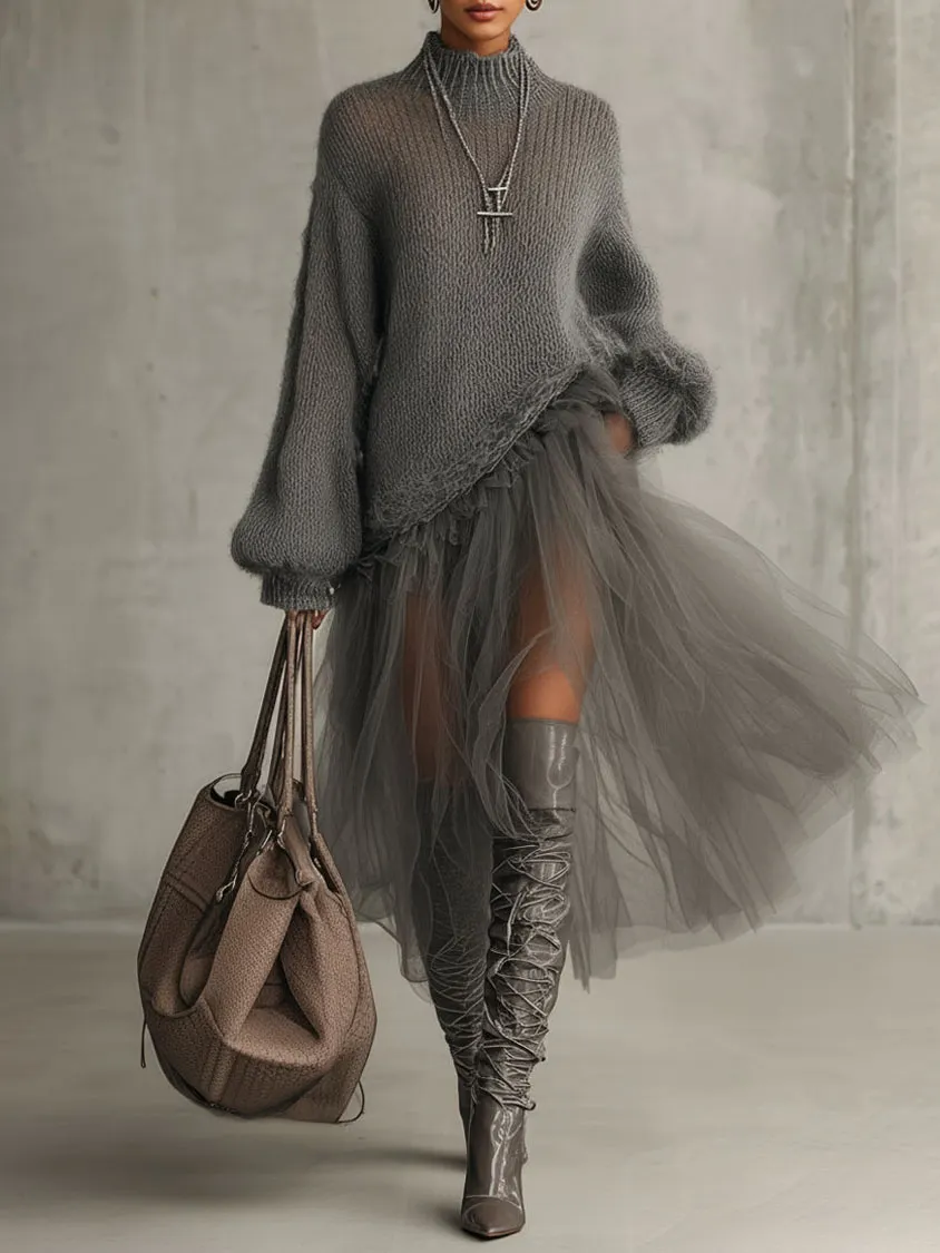 Women's Solid Color Knitted Turtleneck Mesh Dress