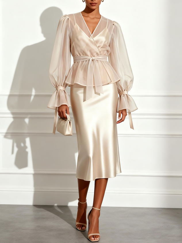 Champagne Satin V-Neck Long-Sleeve Bell Sleeve Sheath Midi Dress