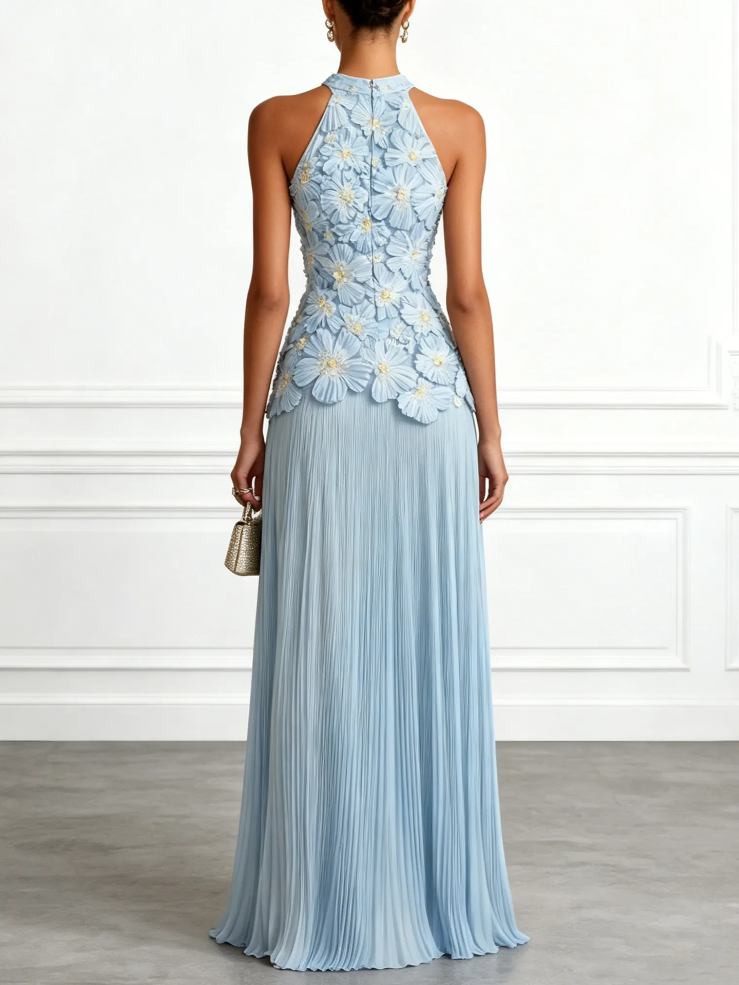 Light Blue Jacquard Chiffon Halter Neck Sleeveless A-Line Floor-length Gown