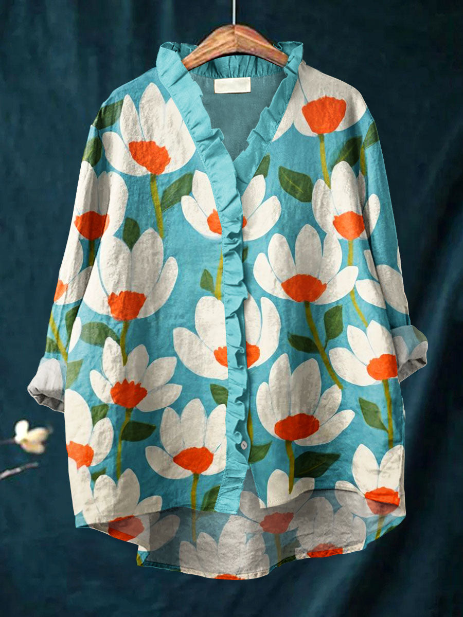 Vintage Floral Art Print Casual Cotton & Linen Ruffle Shirt