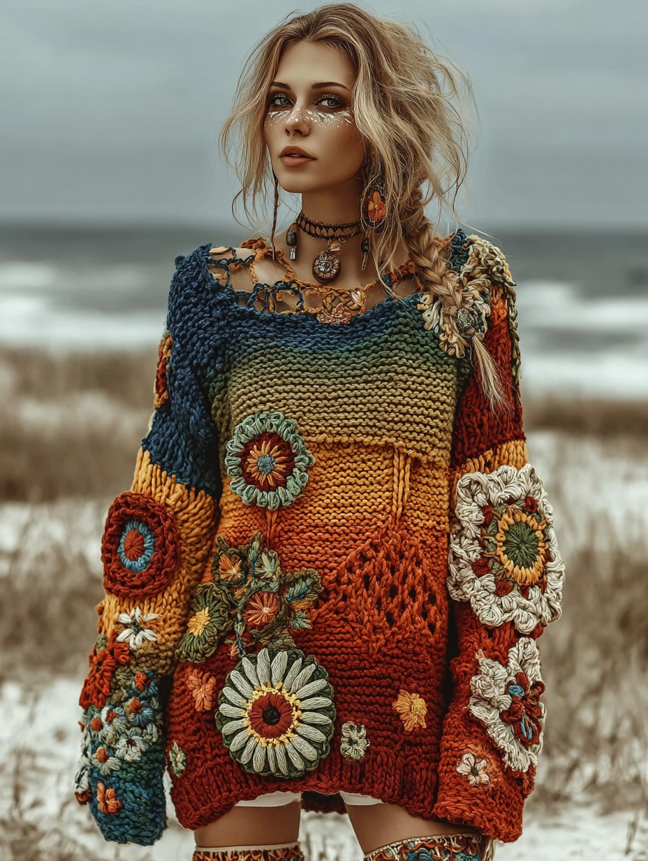 Vintage floral crochet multi-color patchwork comfortable knitted pullover sweater