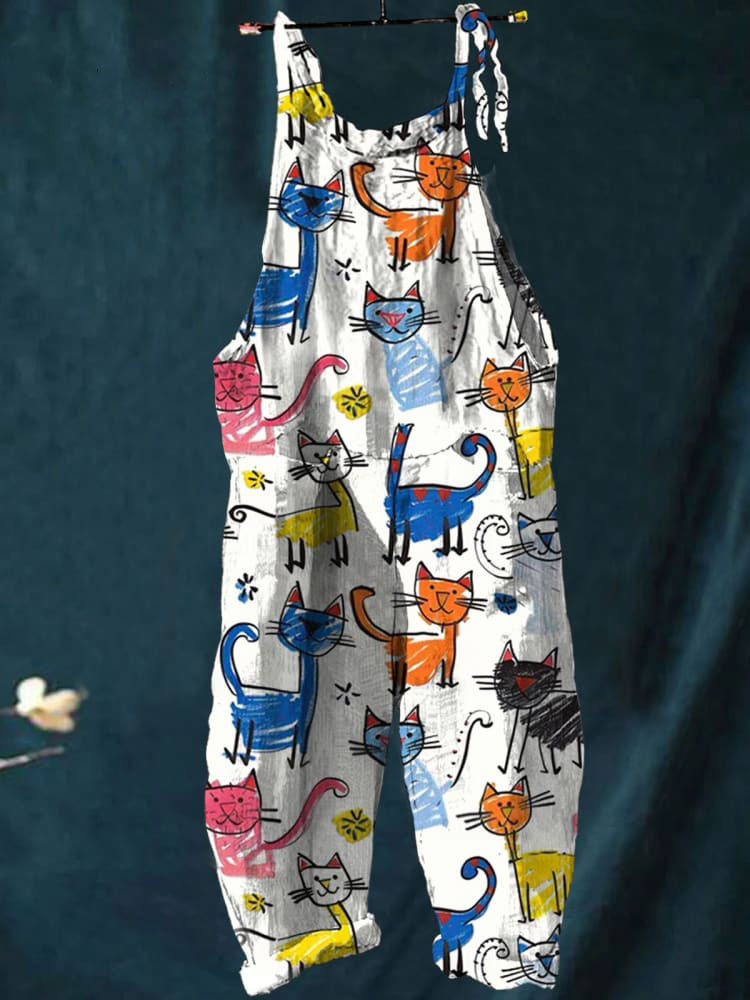 Funny Kid Drawing Cat Art Print Colorful Art Casual Wide-Leg Jumpsuit