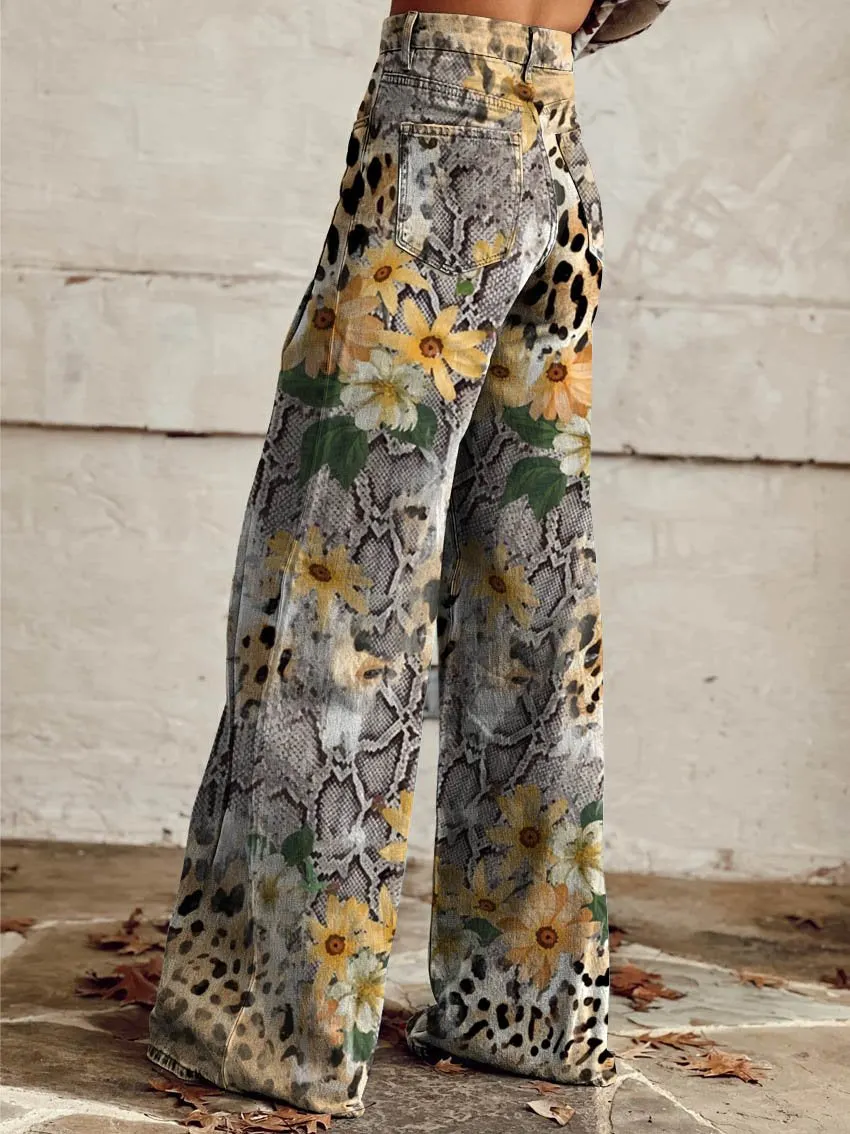 Daisy Leopard Print Casual Wide-Leg Pants