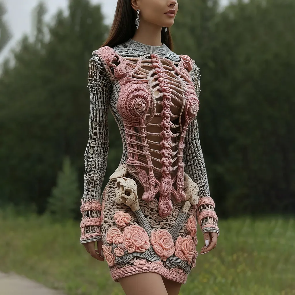 Women's Halloween Skeleton Bones With Rose Art Cozy Knit Mini Sweater Dress