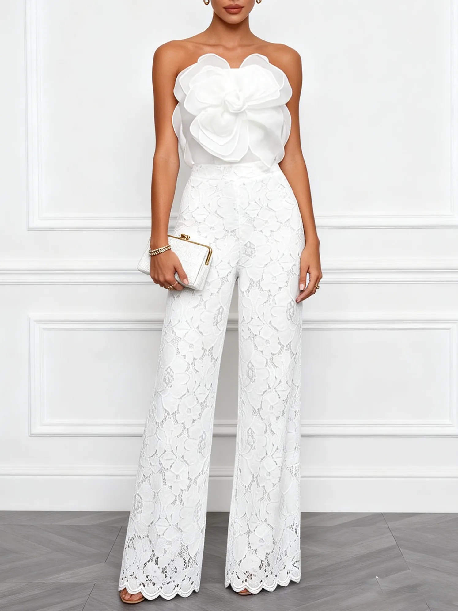White 3D Floral Lace Strapless Sleeveless Elegant Top With Pants Two-Piece Set