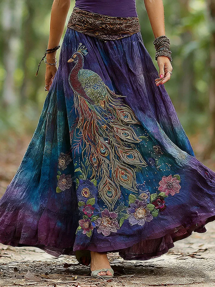 Retro Peacock Floral Gradient Art Linen Blend Midi Skirt