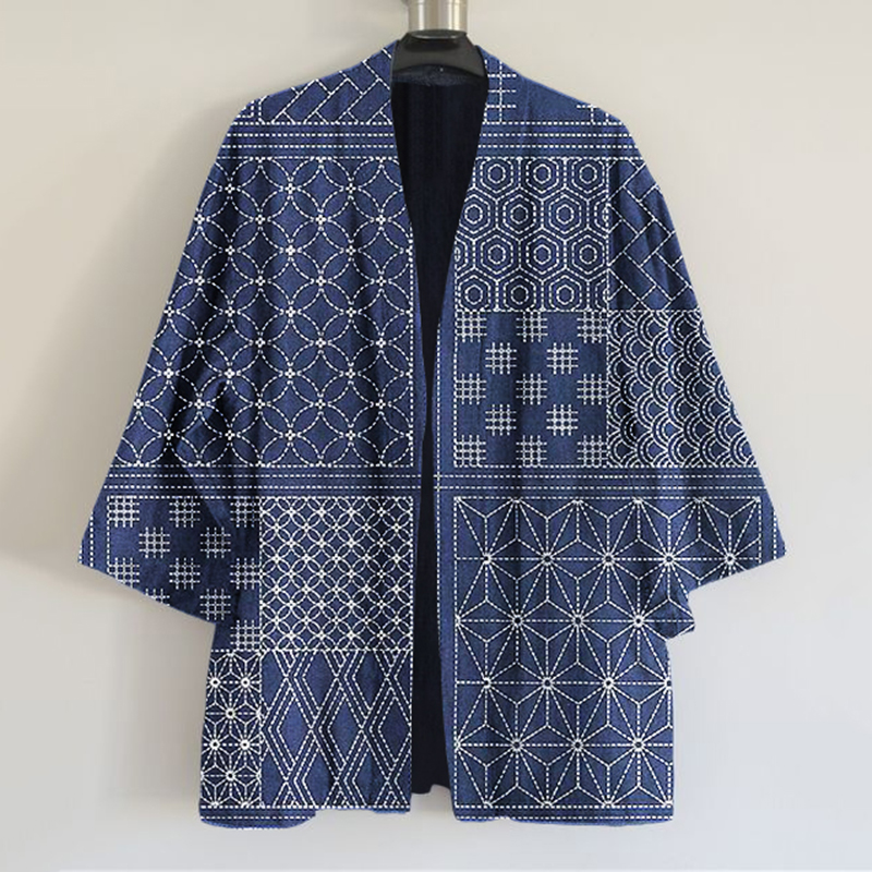 Vintage Japanese Traditional Sashiko Art Print Blend Kimono Cardigan