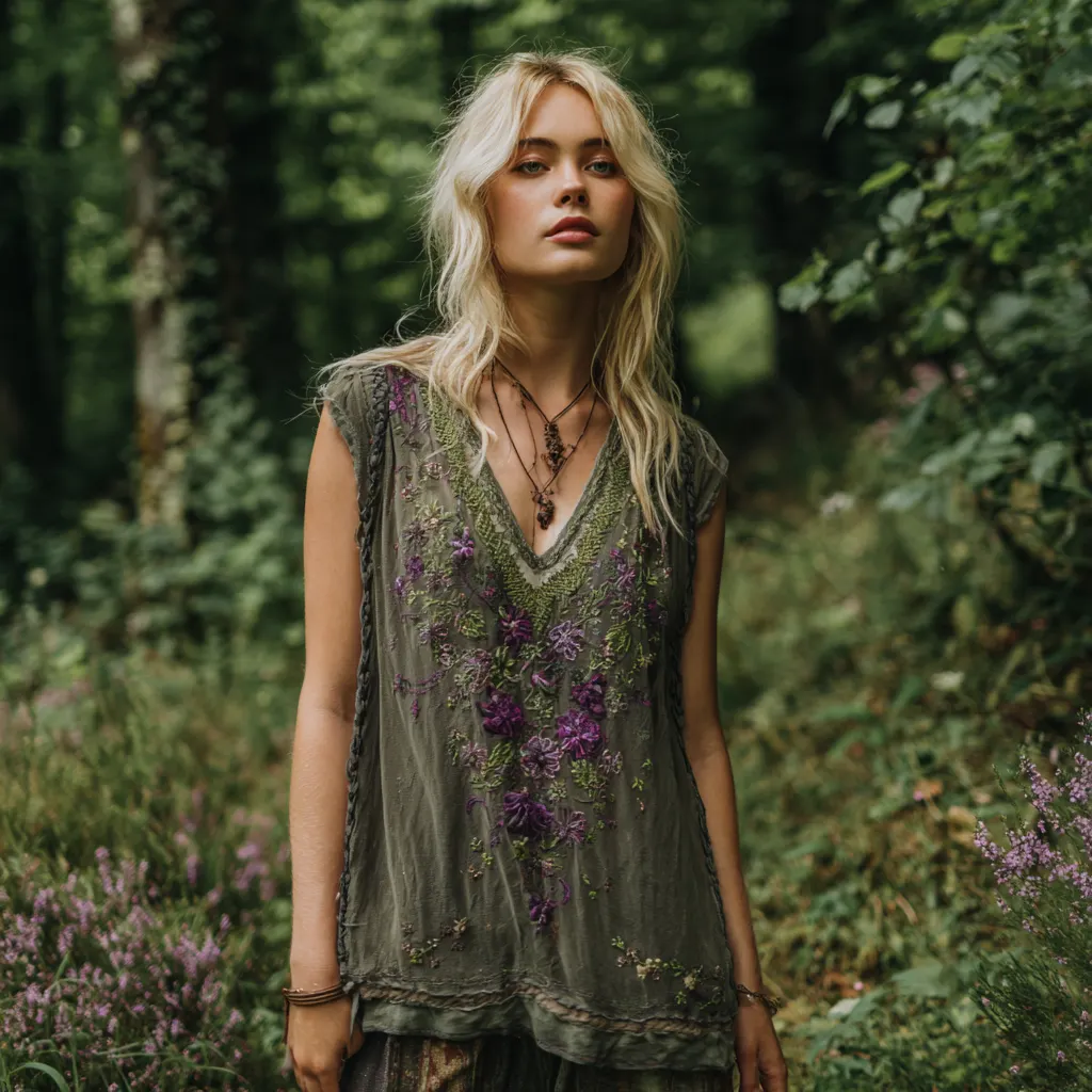 Vintage Purple Floral Embroidered V-neck Vest