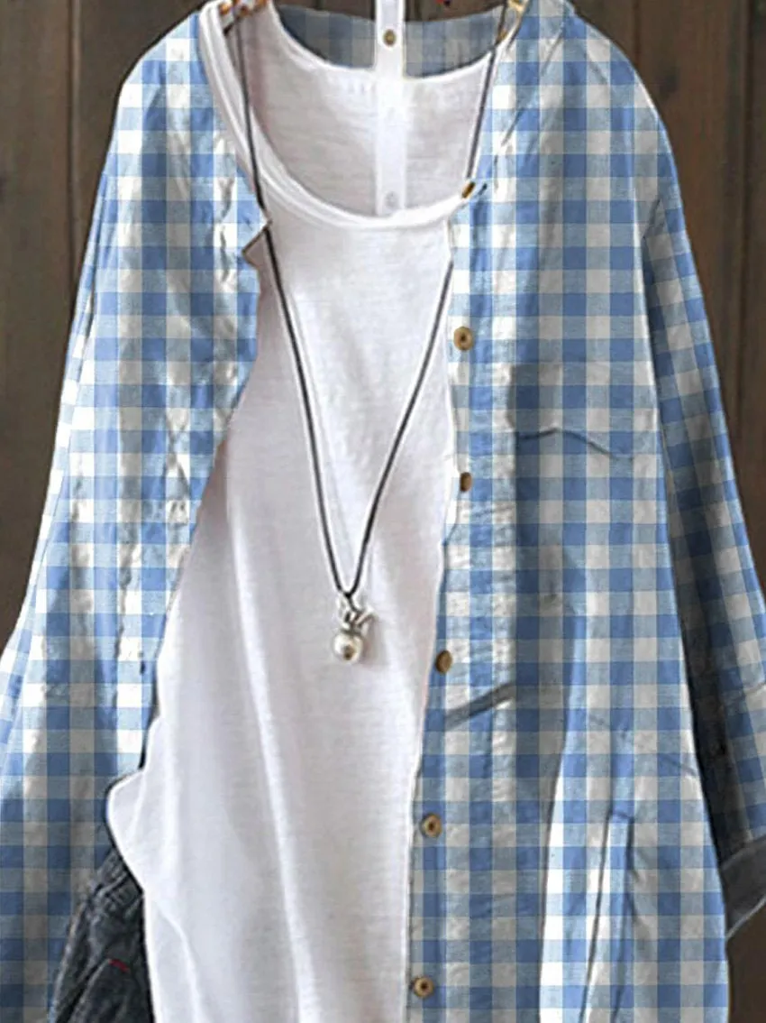 Blue & White Plaid Pattern Printed Women's Loose Casual Top Jacket