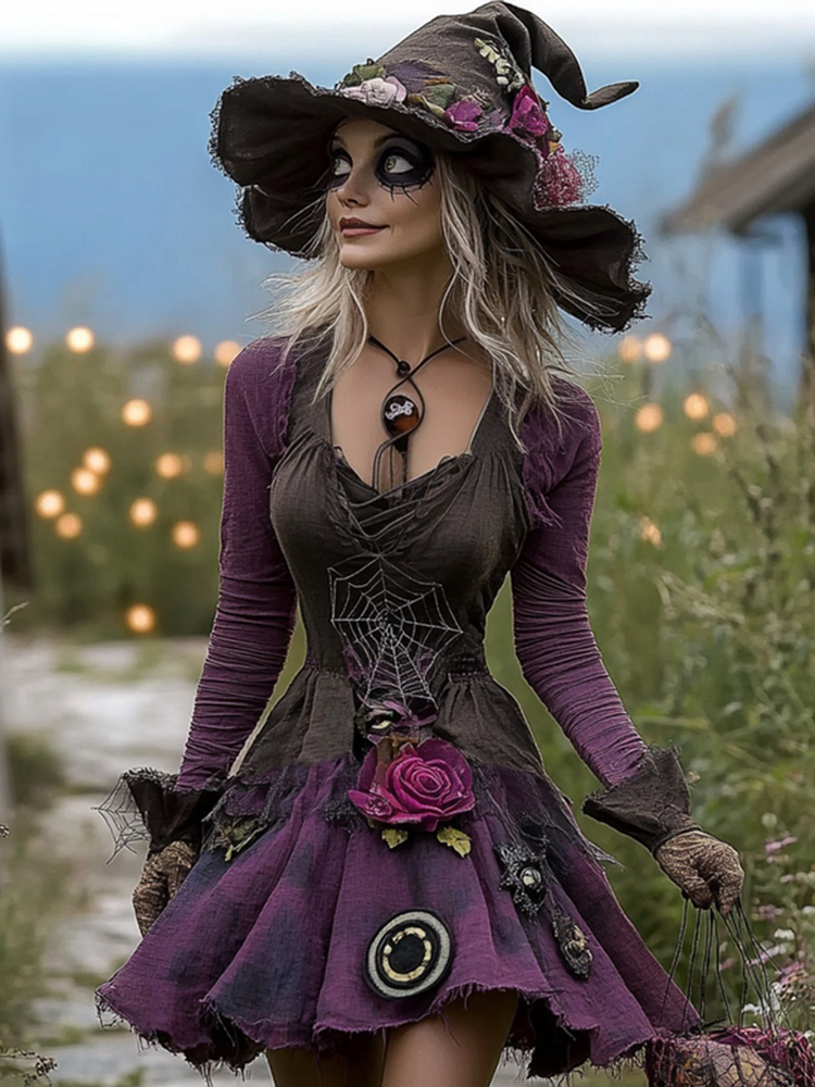 Women's Boho Witch Rose Spider Web Witch Cosplay Midi Evening Dress