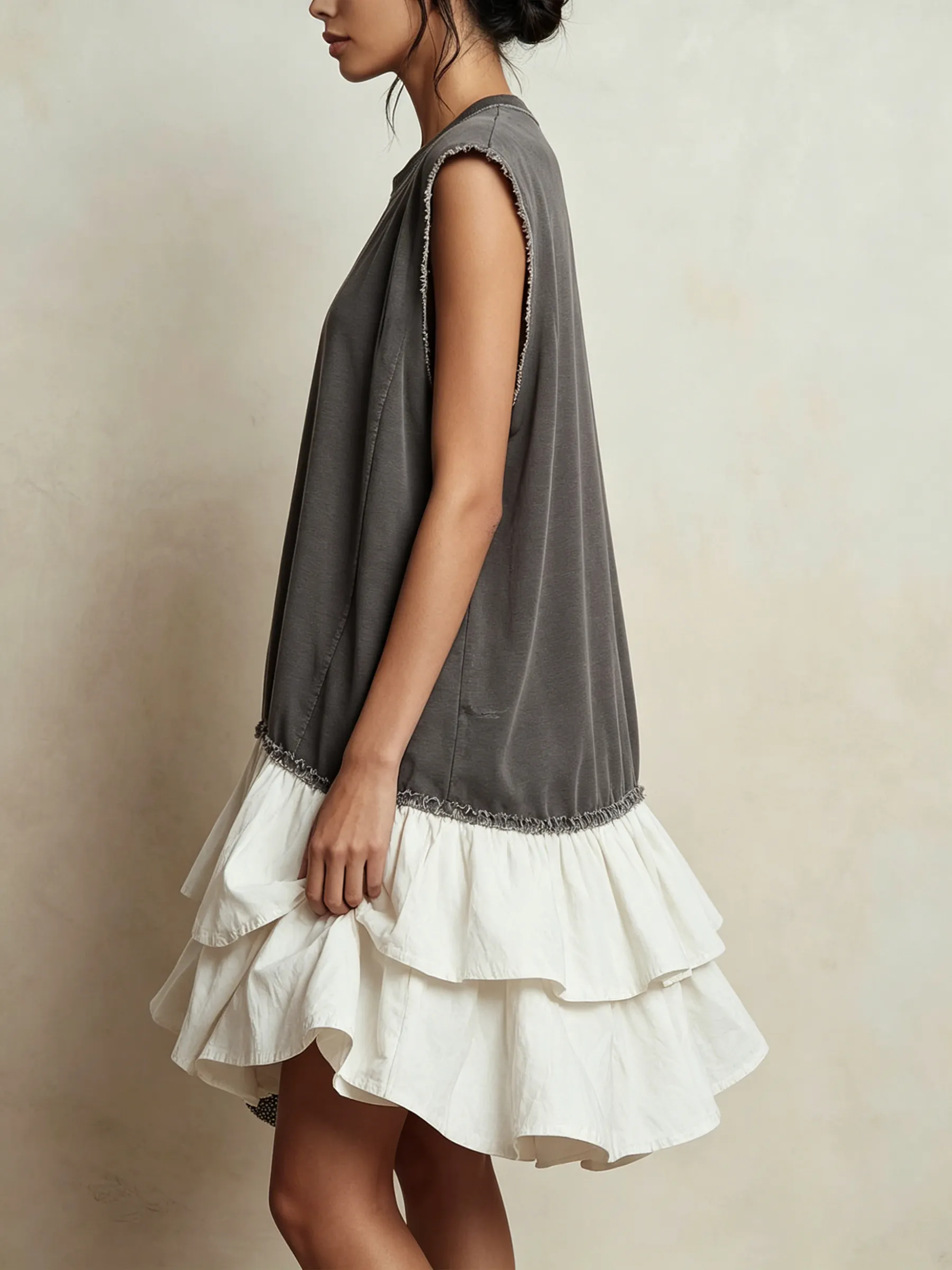Contrast Raw Edge Tiered Hem Sleeveless Mini Dress Color Block Casual Loose Fit Vacation Dress