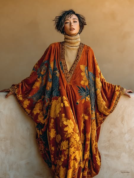 Women's Velvet Vintage Bustling Print Caftan Dress