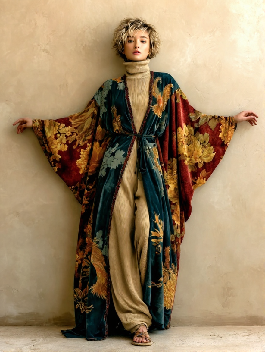 Women's Velvet Vintage Printed Cardigan Gown