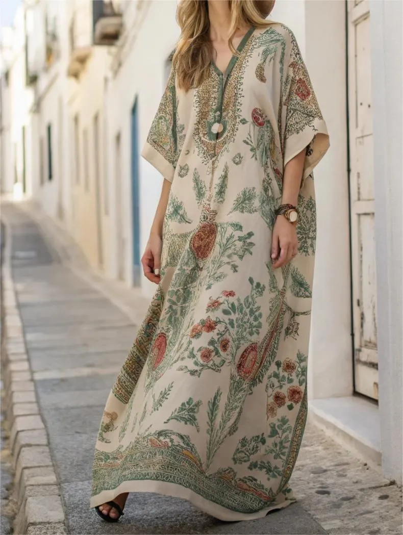 Cotton & Linen Long Sleeve Kaftan Maxi Dress