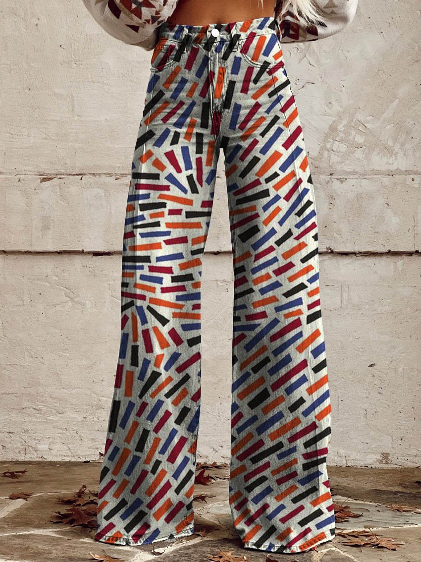 Color Geometric Texture Print Casual Wide-Leg Pants