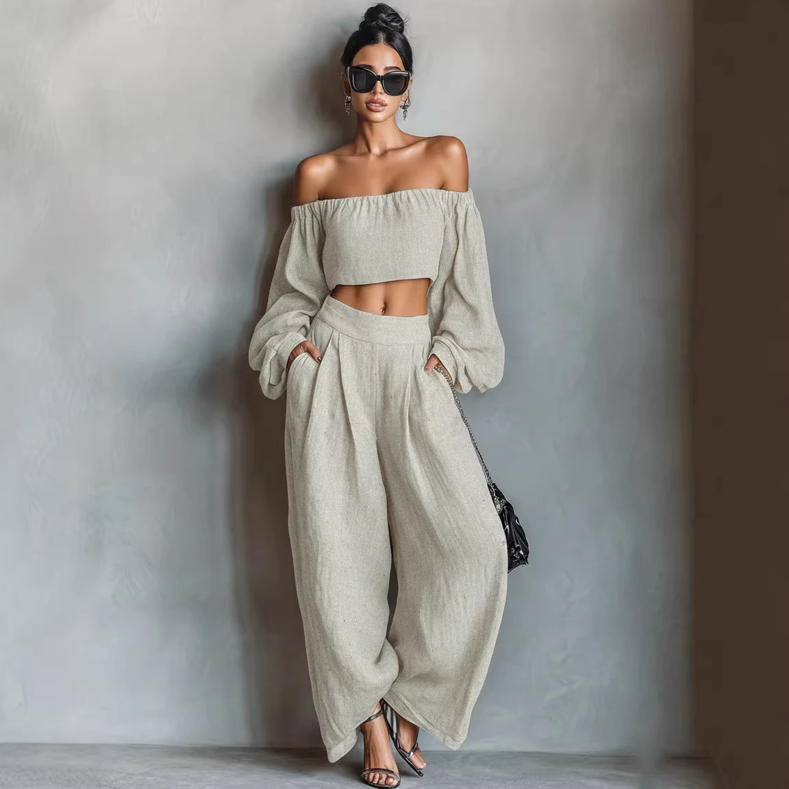 Black Off-the-shoulder Long-sleeved Top & Wide-leg Pants Set