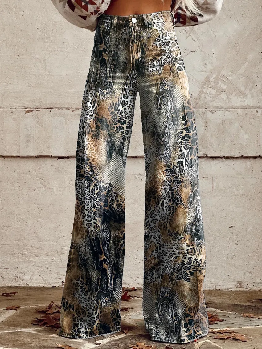Vintage Leopard Print Casual Wide-Leg Pants