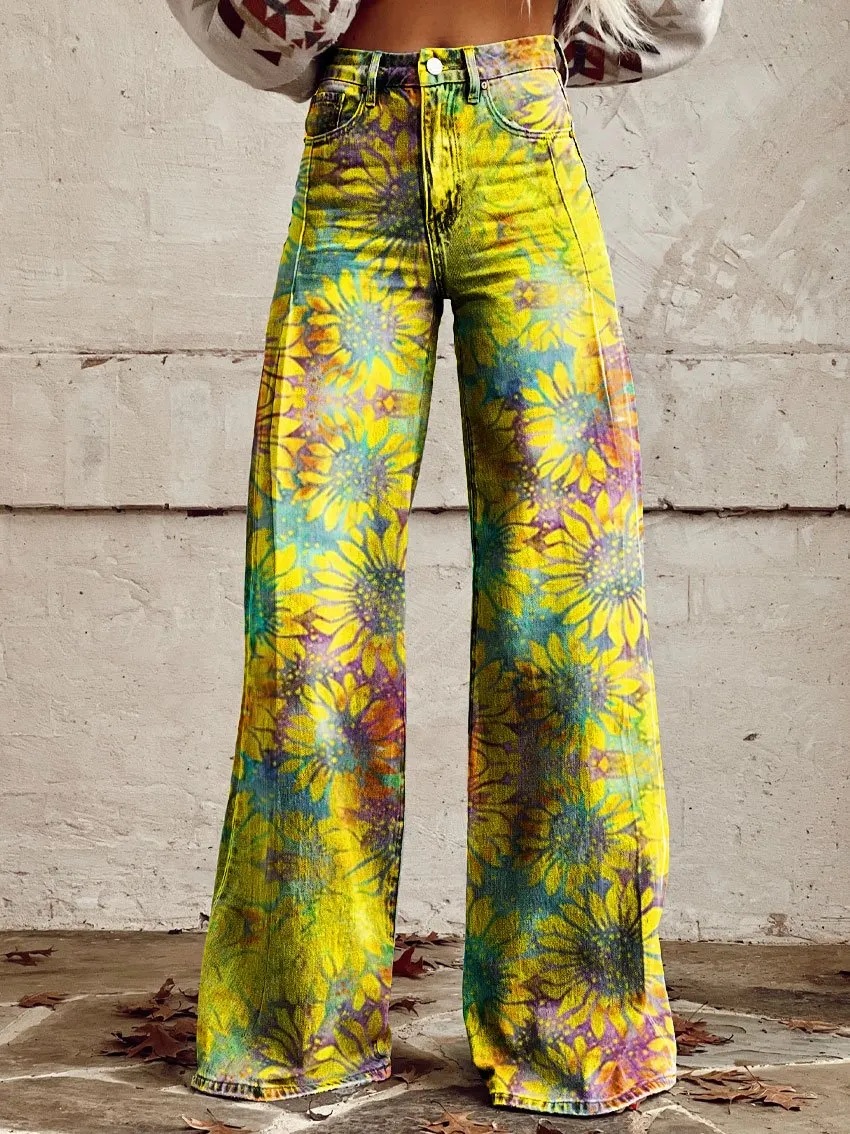 Vintage Print Casual Wide-Leg Pants
