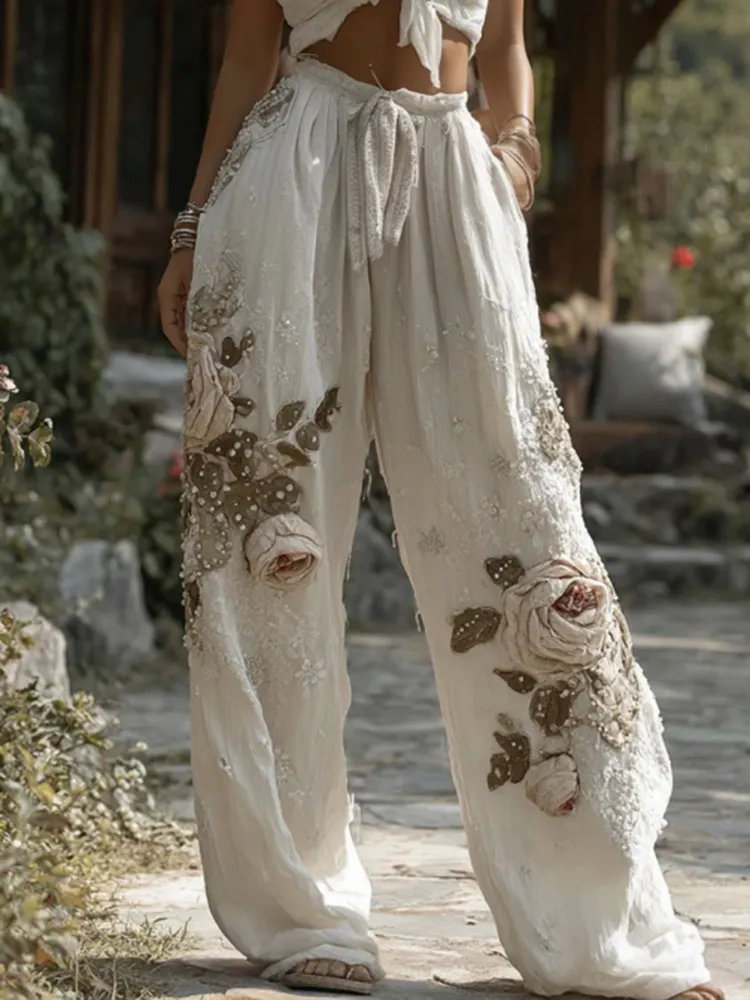 Women's Vintage White Rose Embroidery Art Comfy Linen Pants