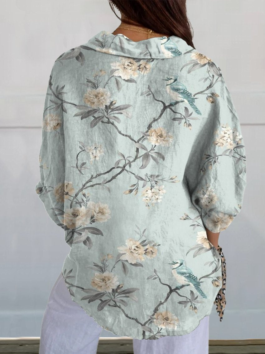 Retro White Floral Print On Light Blue Background Casual Linen V-neck Shirt