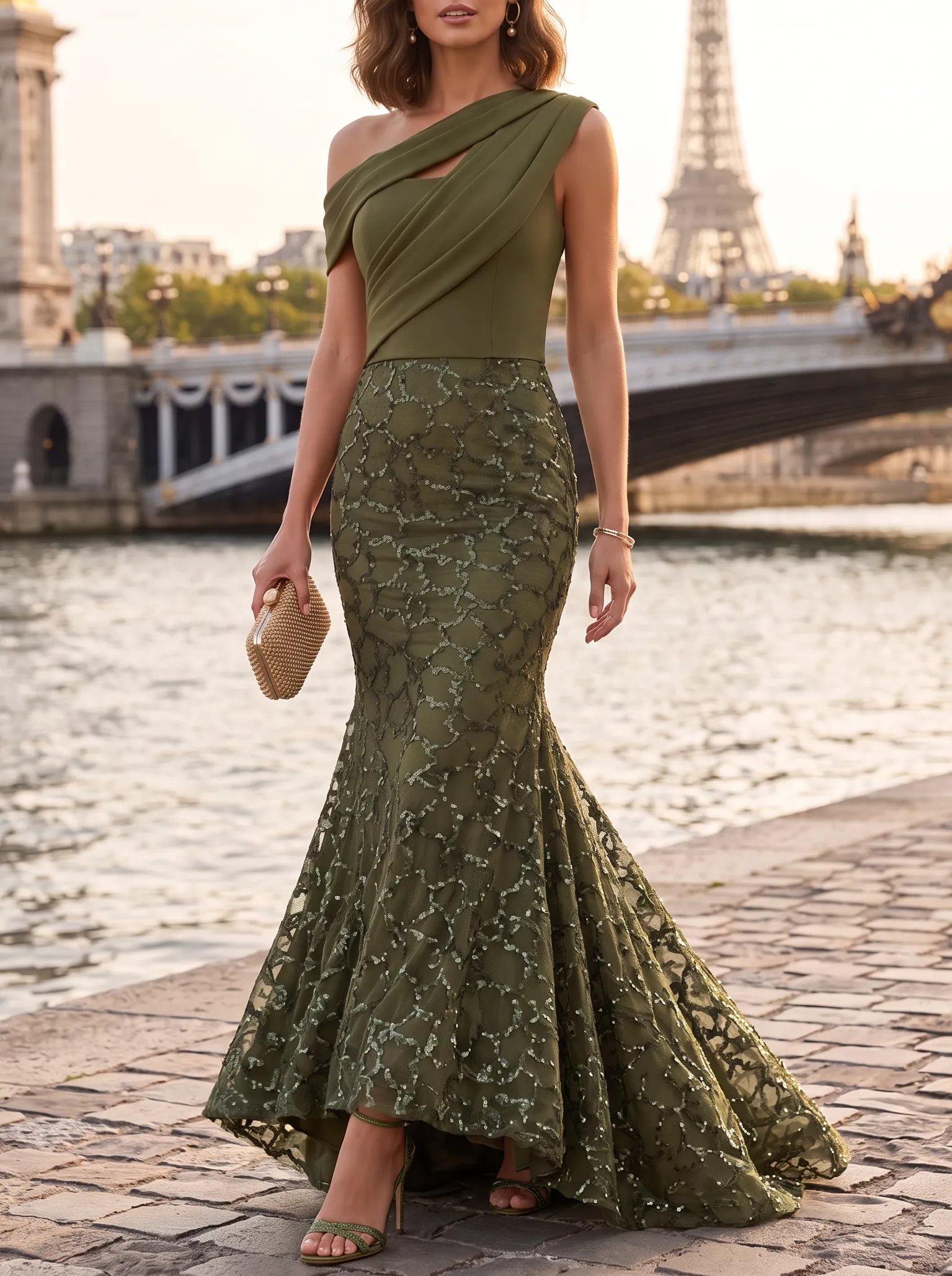 Olive Green One-Shoulder Mermaid Gown