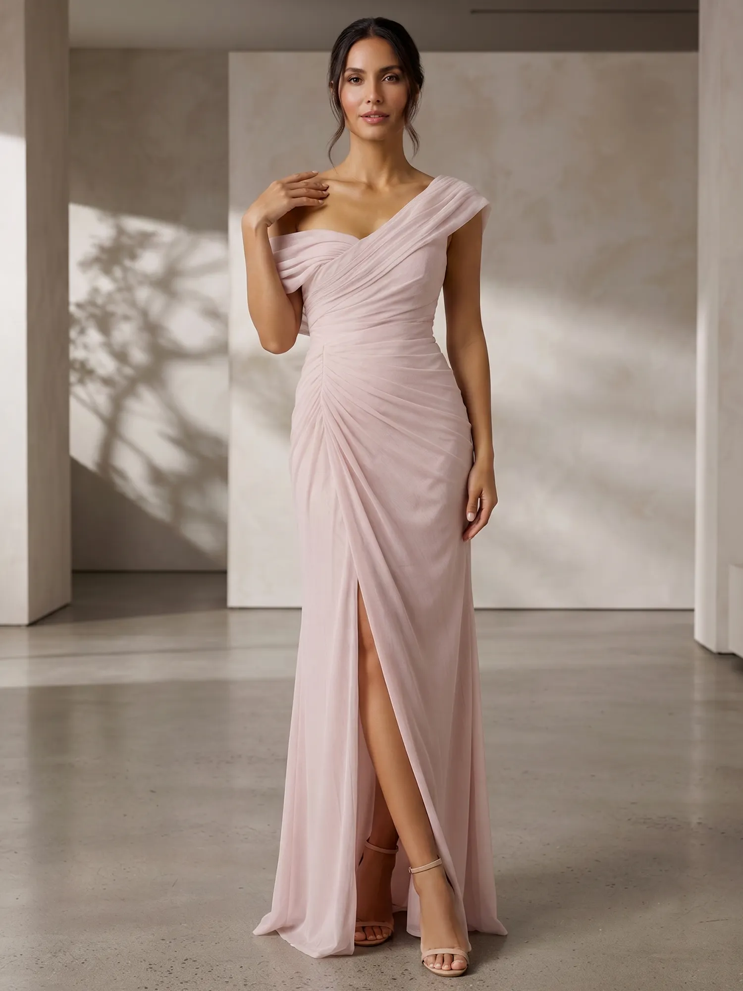 Blush Pink Off-Shoulder Ruched Mermaid Maxi Dress