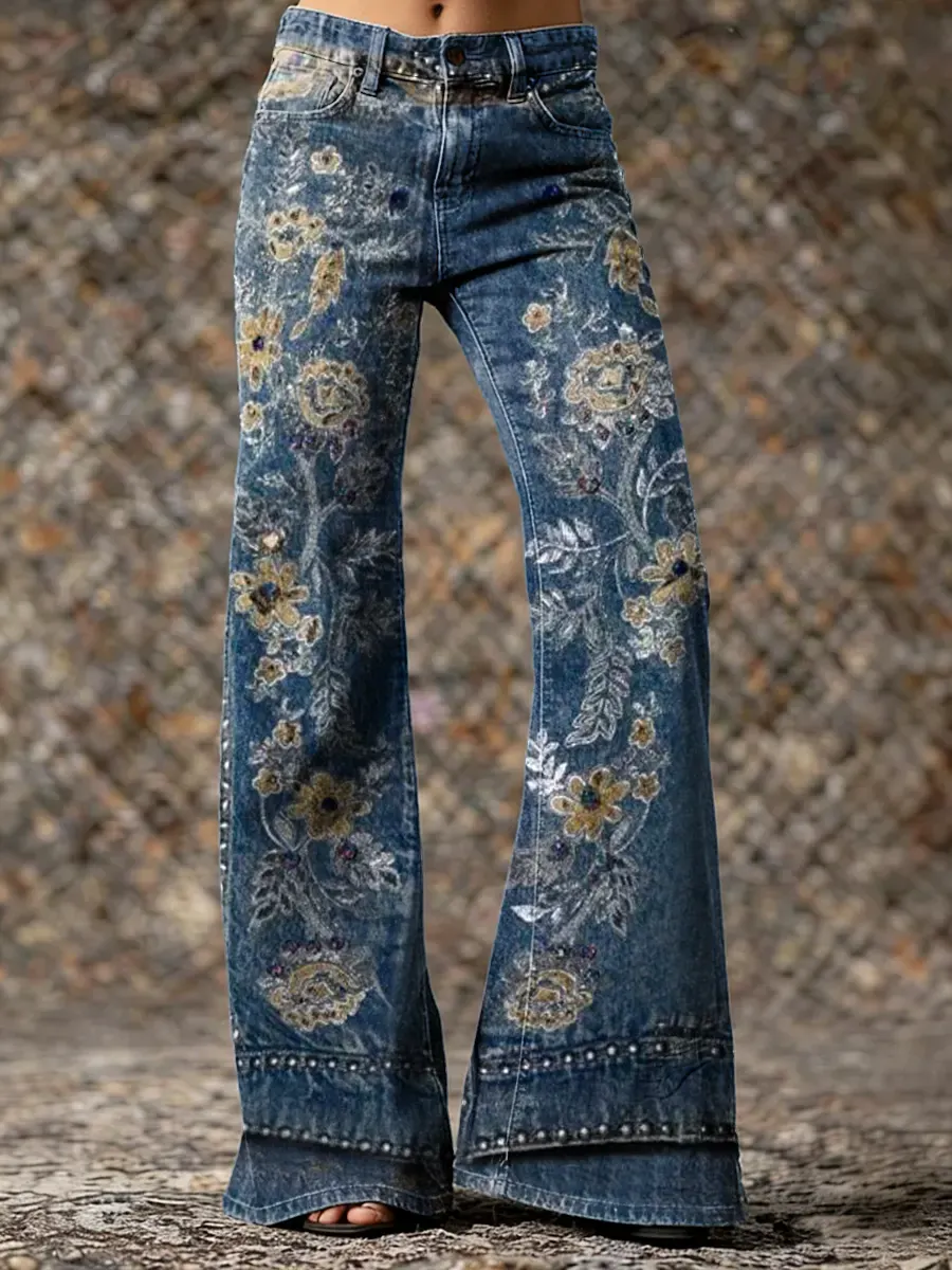 Vintage Floral Pattern Art Print Casual Washed Cotton Denim Pants