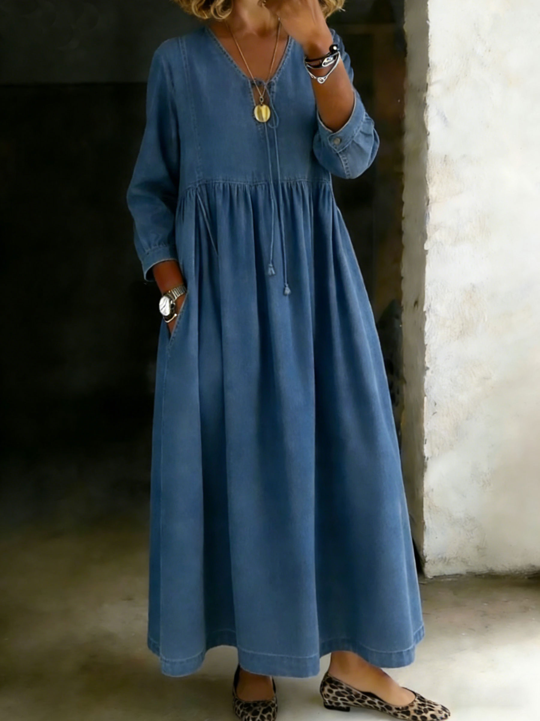 V-neck Long-Sleeve Casual Loose Denim Dress
