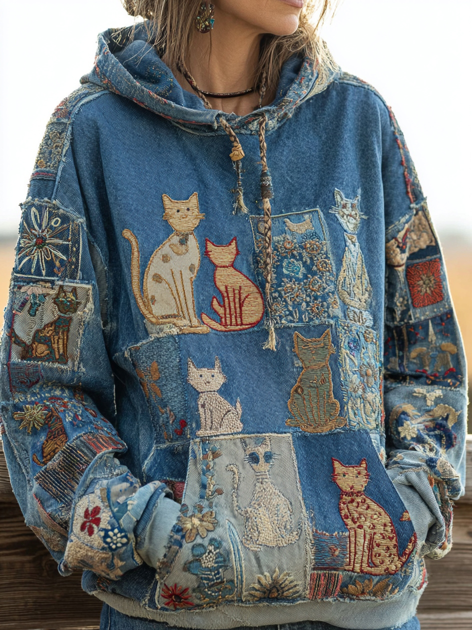 Women's Denim Patchwork Cute Cat Bohemian Floral Print Hoodie