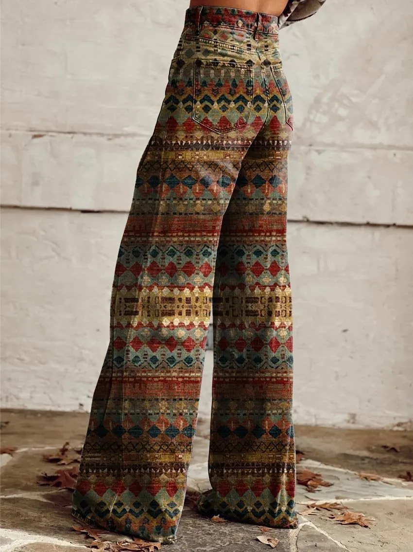 Color Geometric Texture Print Casual Wide-Leg Pants