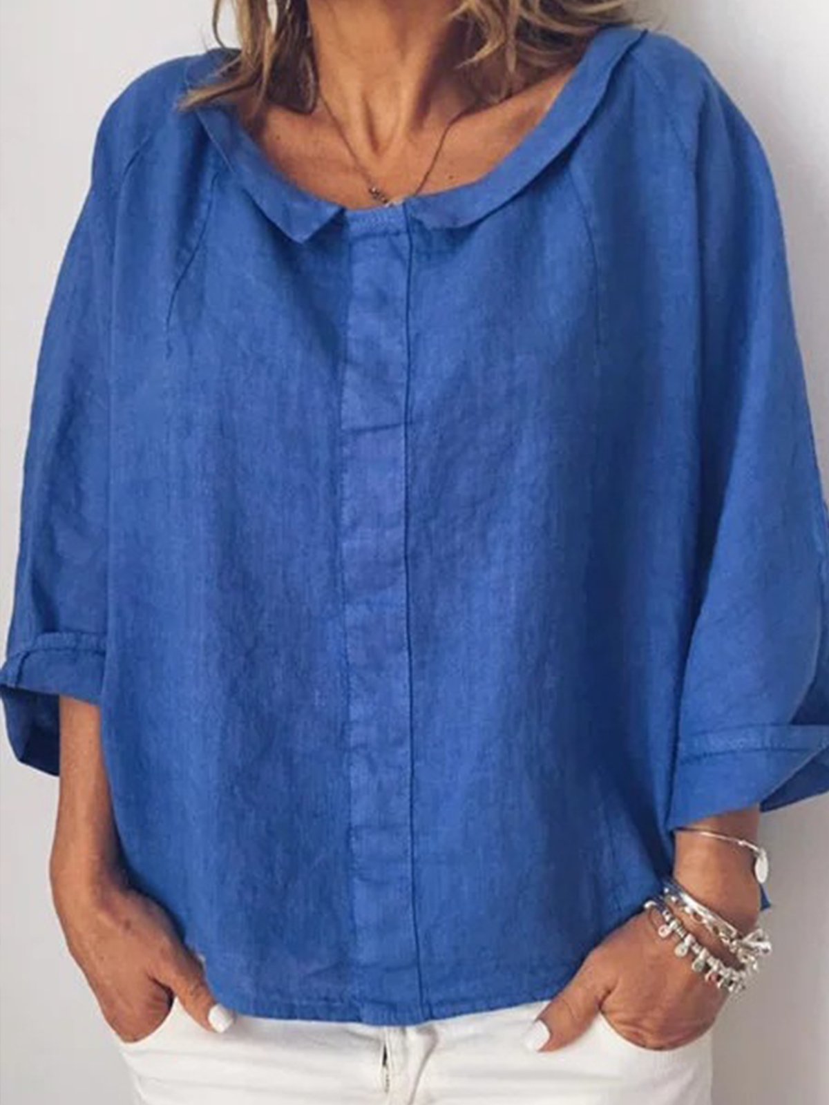 Solid Color Small Lapel Pullover Cotton Linen Shirt