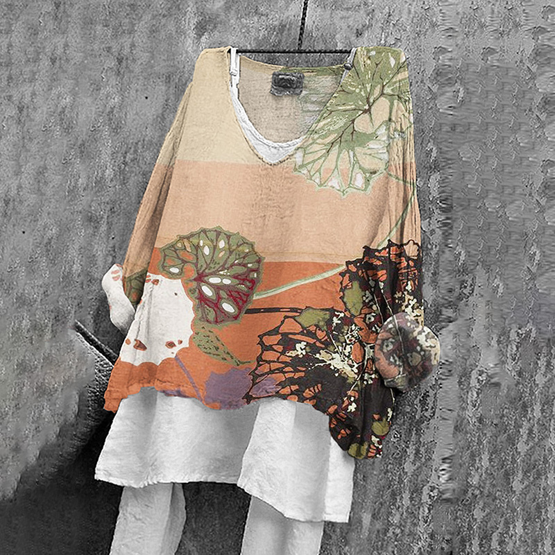 Japanese Floral Print V-neck Loose T-shirt