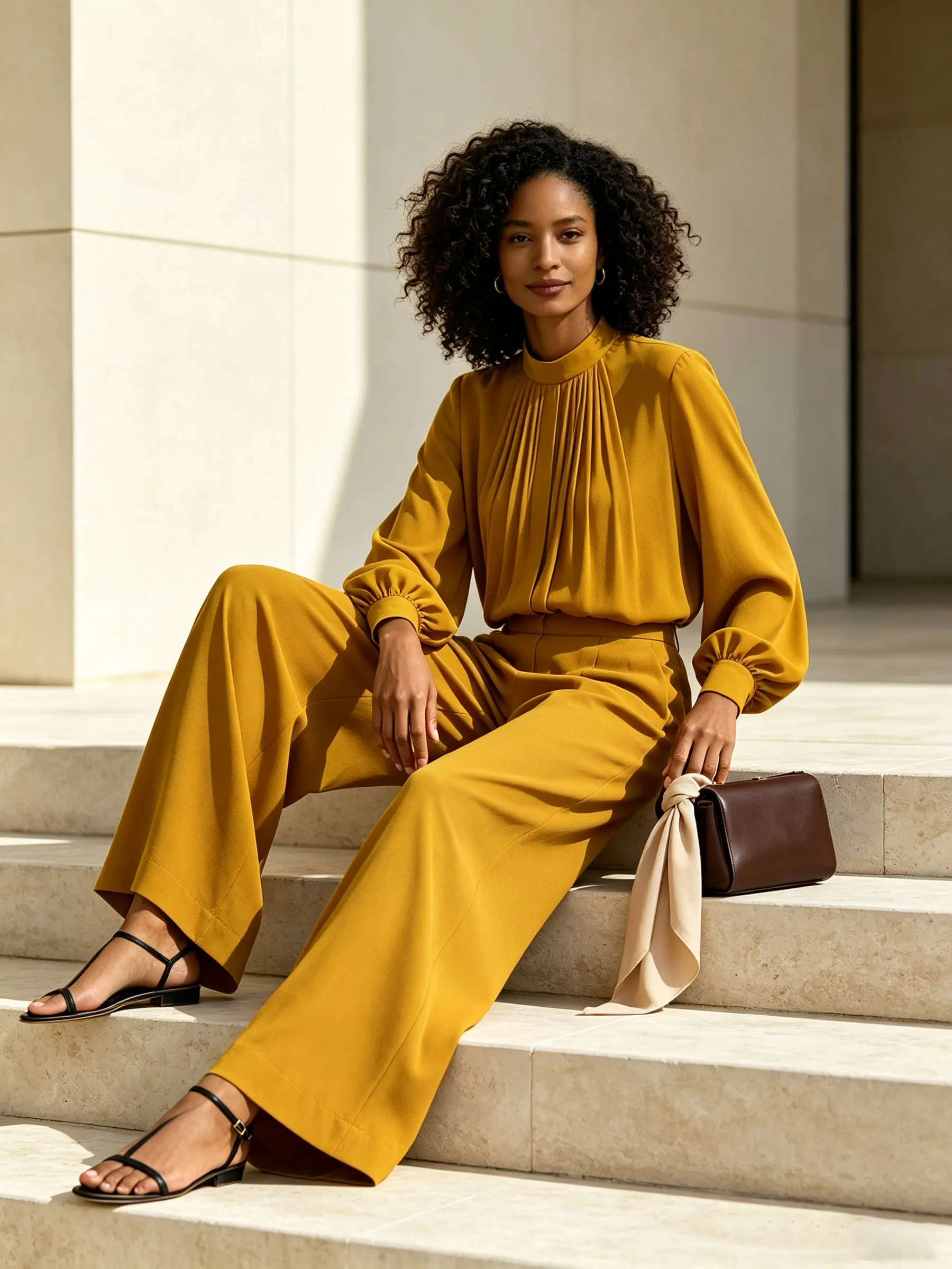 Elegant Two-Piece Set – High-Neck Top And Wide-Leg Trousers