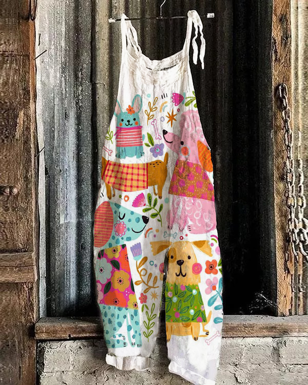 Funny Animal Art Linen Blend Jumpsuit
