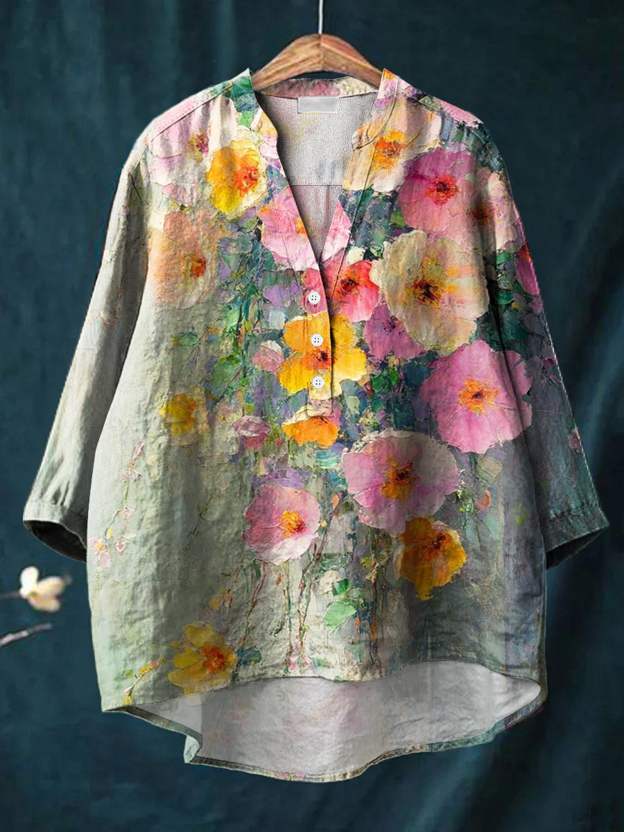 Beautiful Colorful Floral Painting Art Print Casual Cotton & Linen Ruffle Shirt