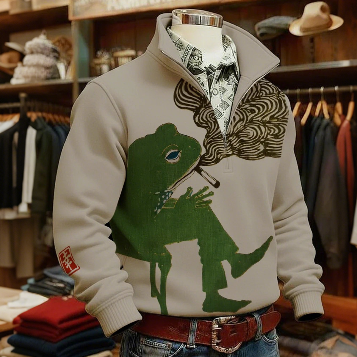 Men's Japanese Art Frog Pattern Quarter Zip Sweatshirt