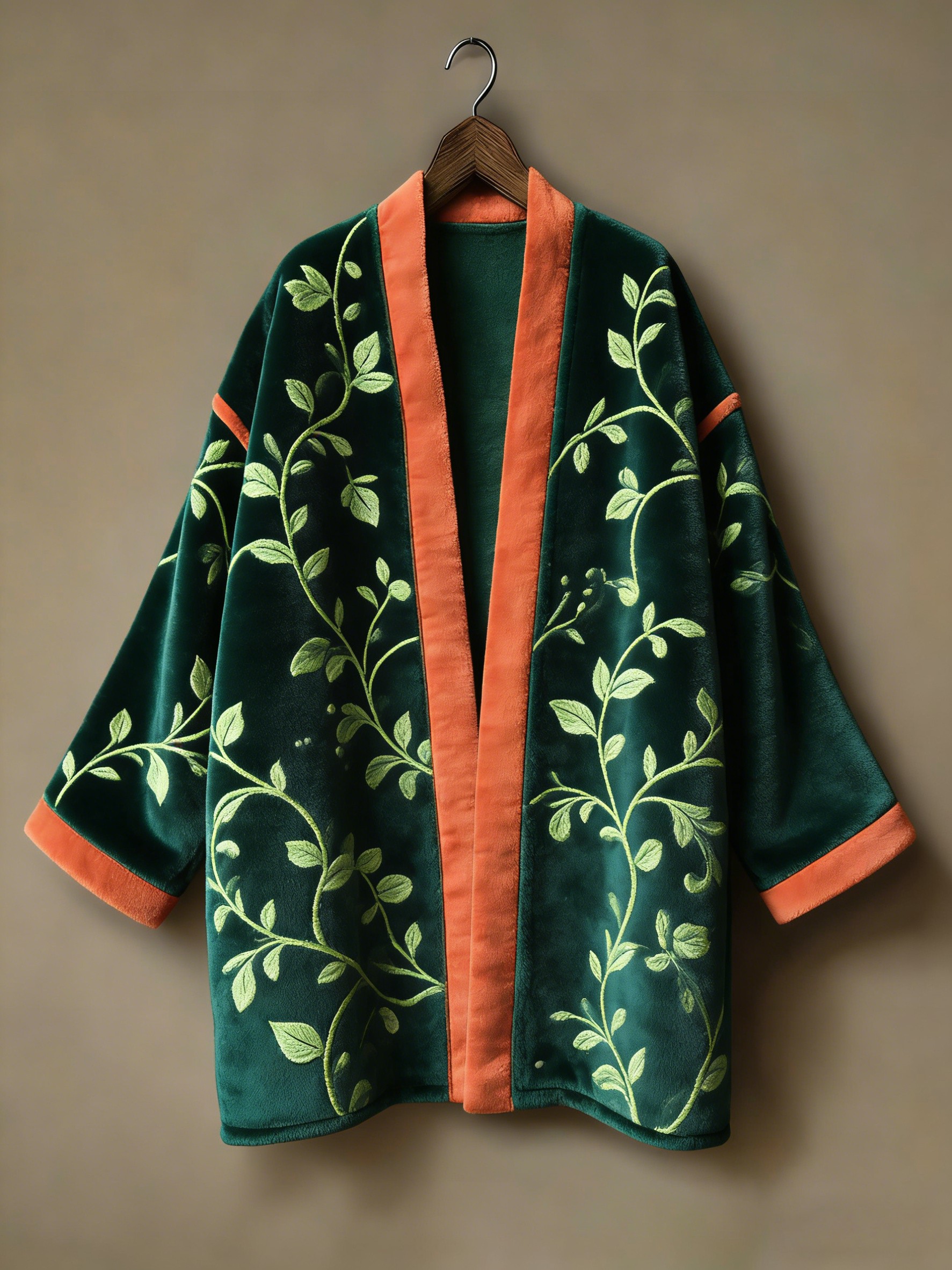 Flannel embroidered printed medium and long kimono cardigan
