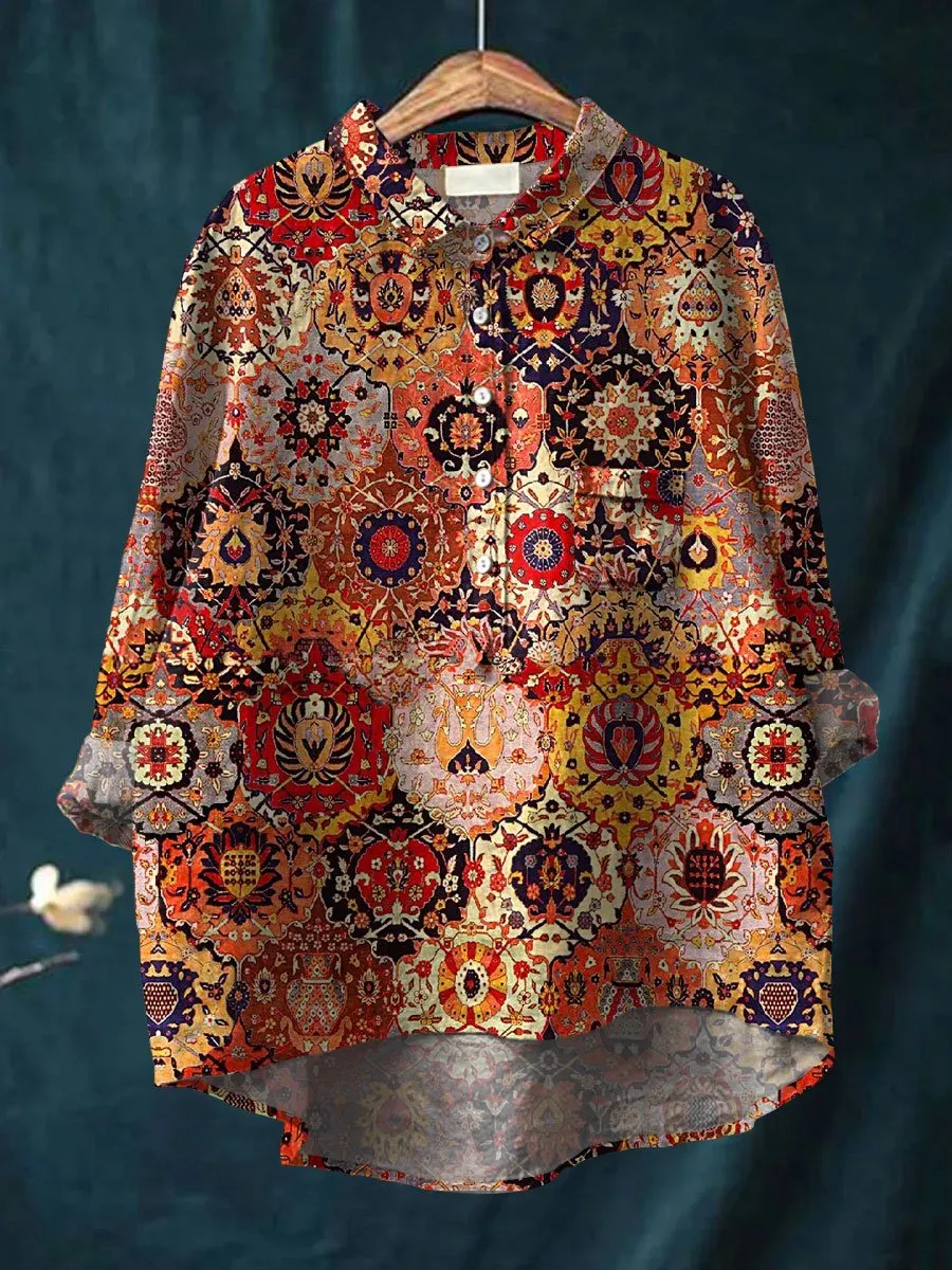 Vintage Art Print Casual Cotton & Linen Shirt