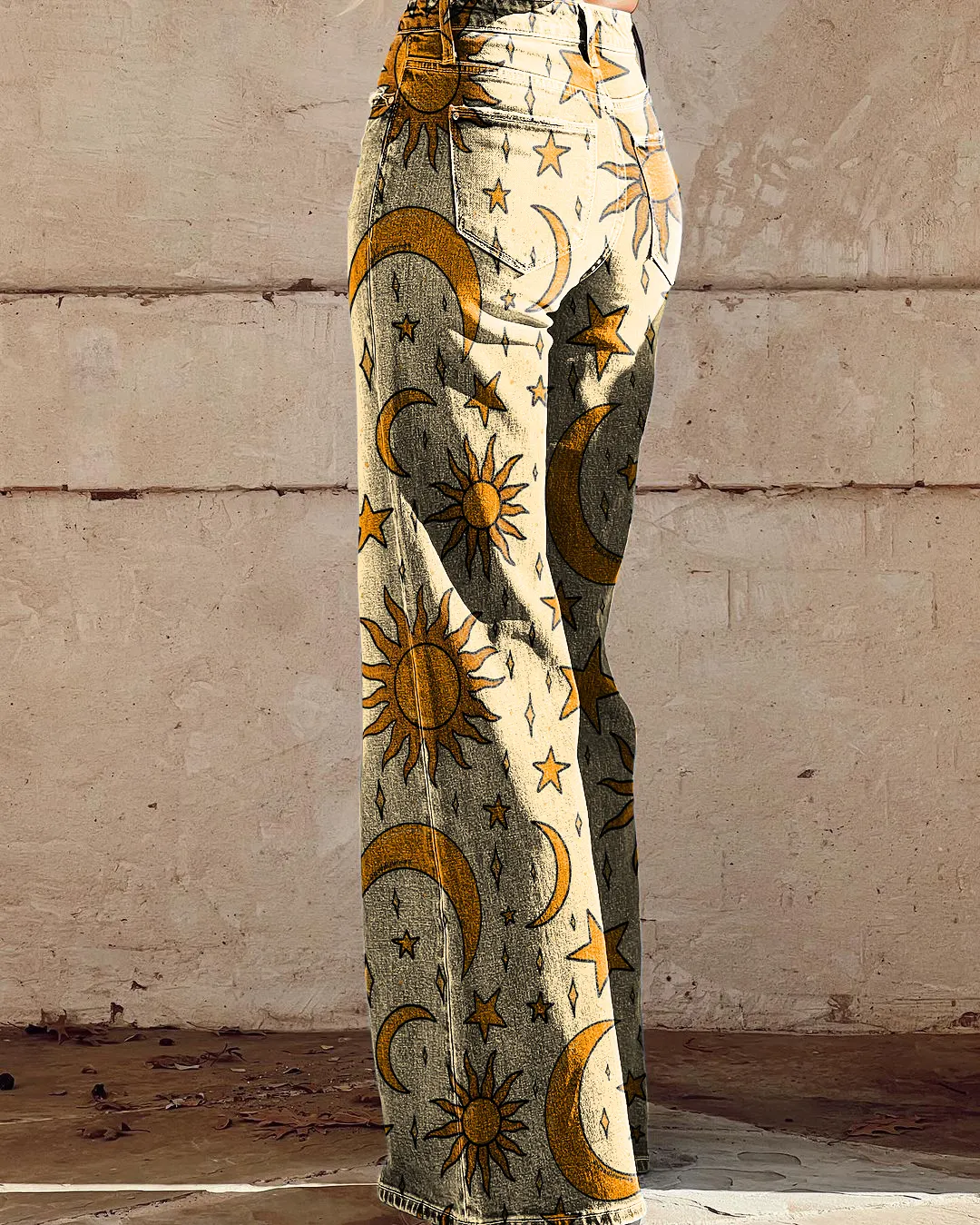 Retro Hippie Sun & Moon Printed Wide-Leg Pants