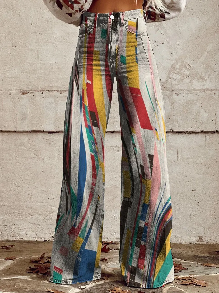 Color Chaos Geometry Print Casual Wide-Leg Pants