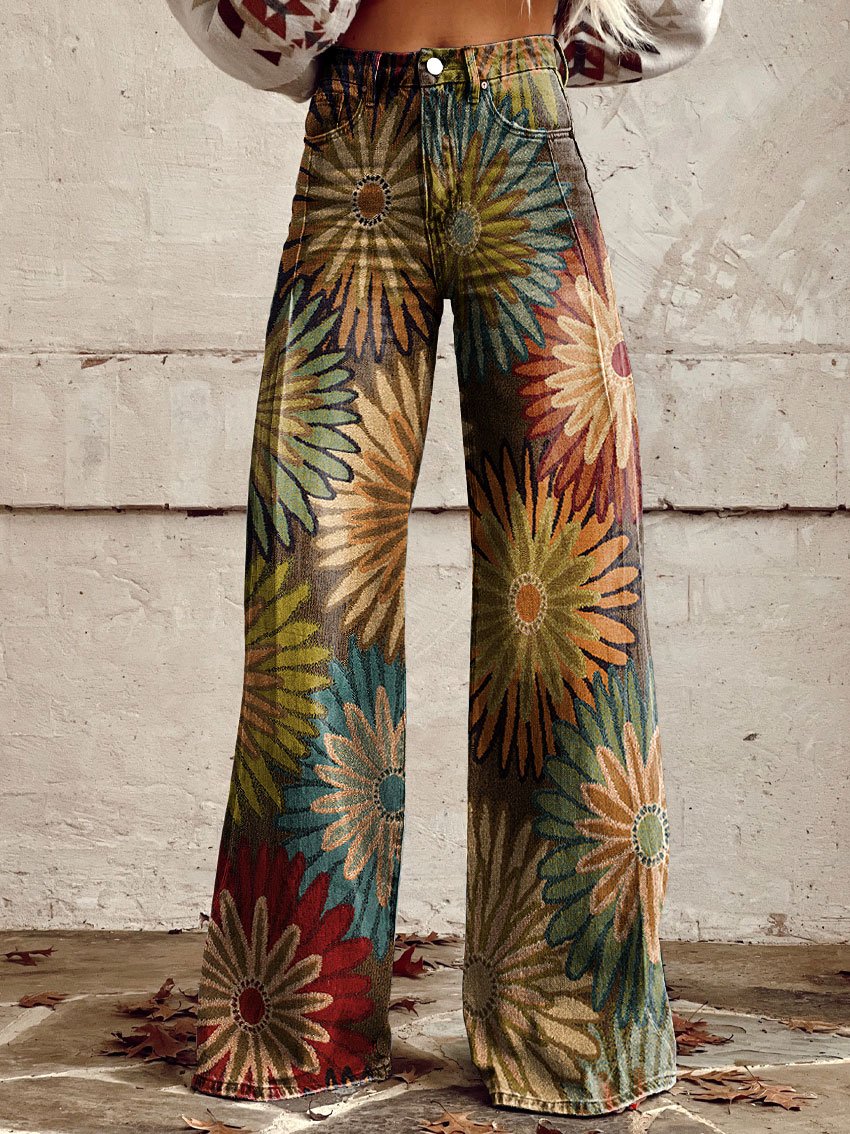 Vintage Wild West Print Casual Wide-Leg Pants