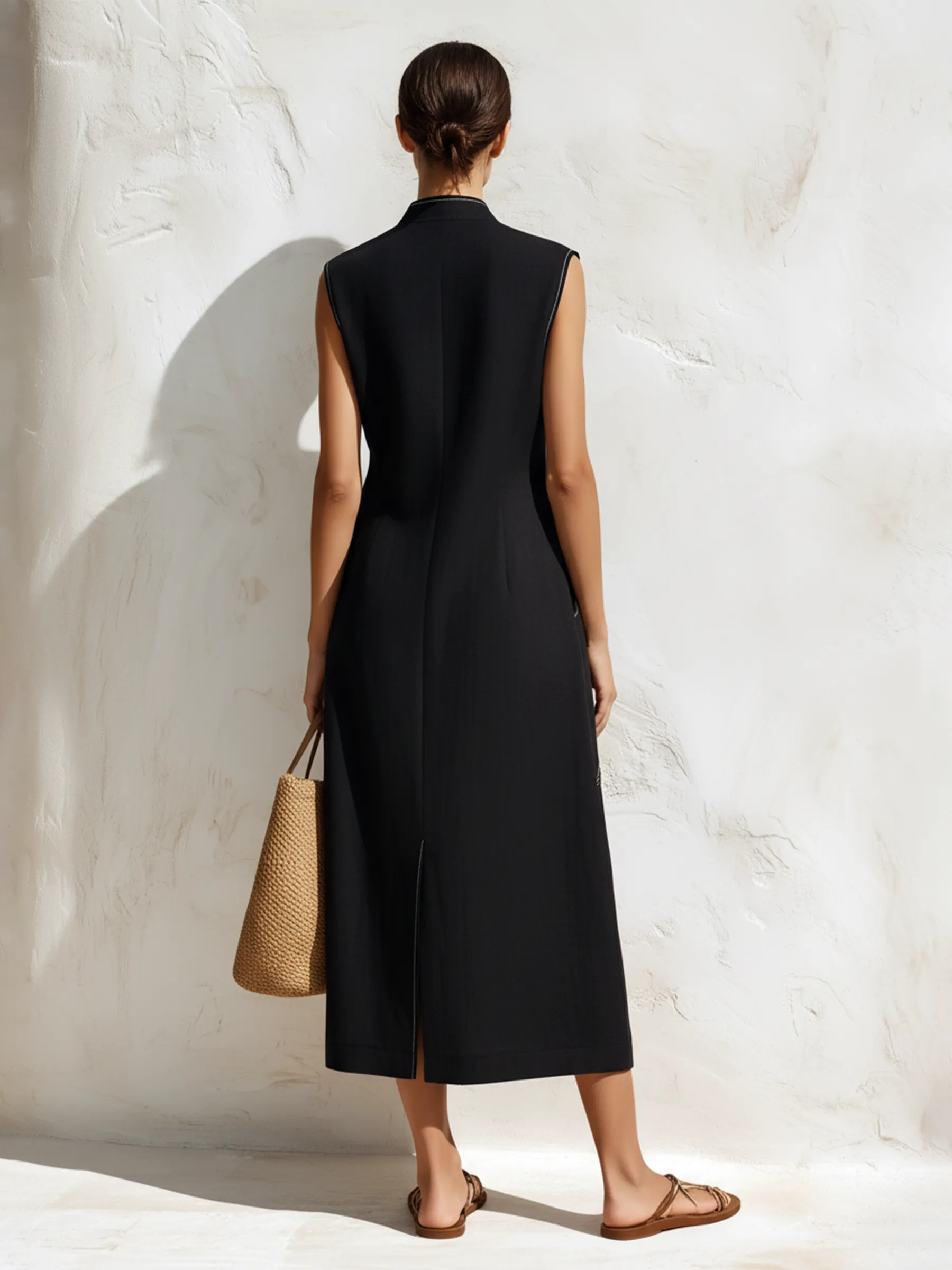 Black -Blend Contrast Stitch Sleeveless Midi Dress