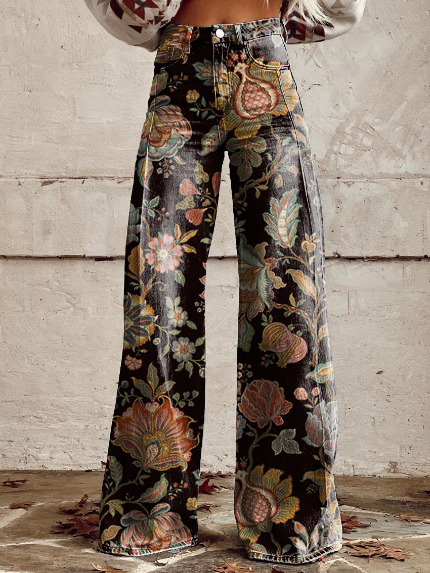 Vintage Floral Art Casual Wide-Leg Pants