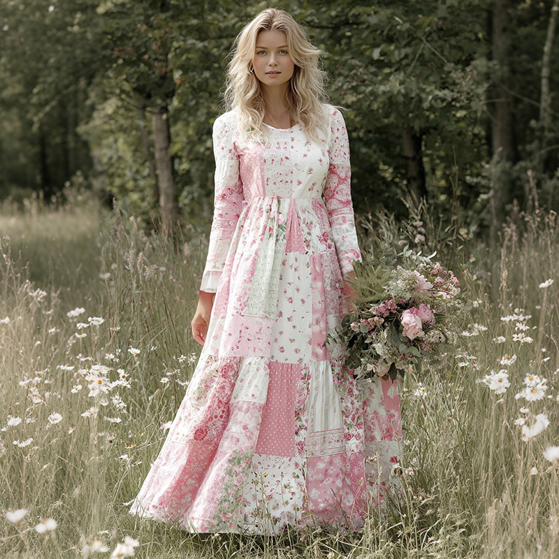 Vintage Floral Art Women's Long Sleeve Maxi Dress