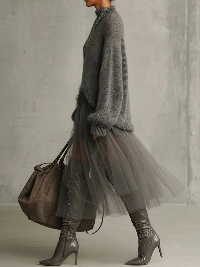 Women's Solid Color Knitted Turtleneck Mesh Dress