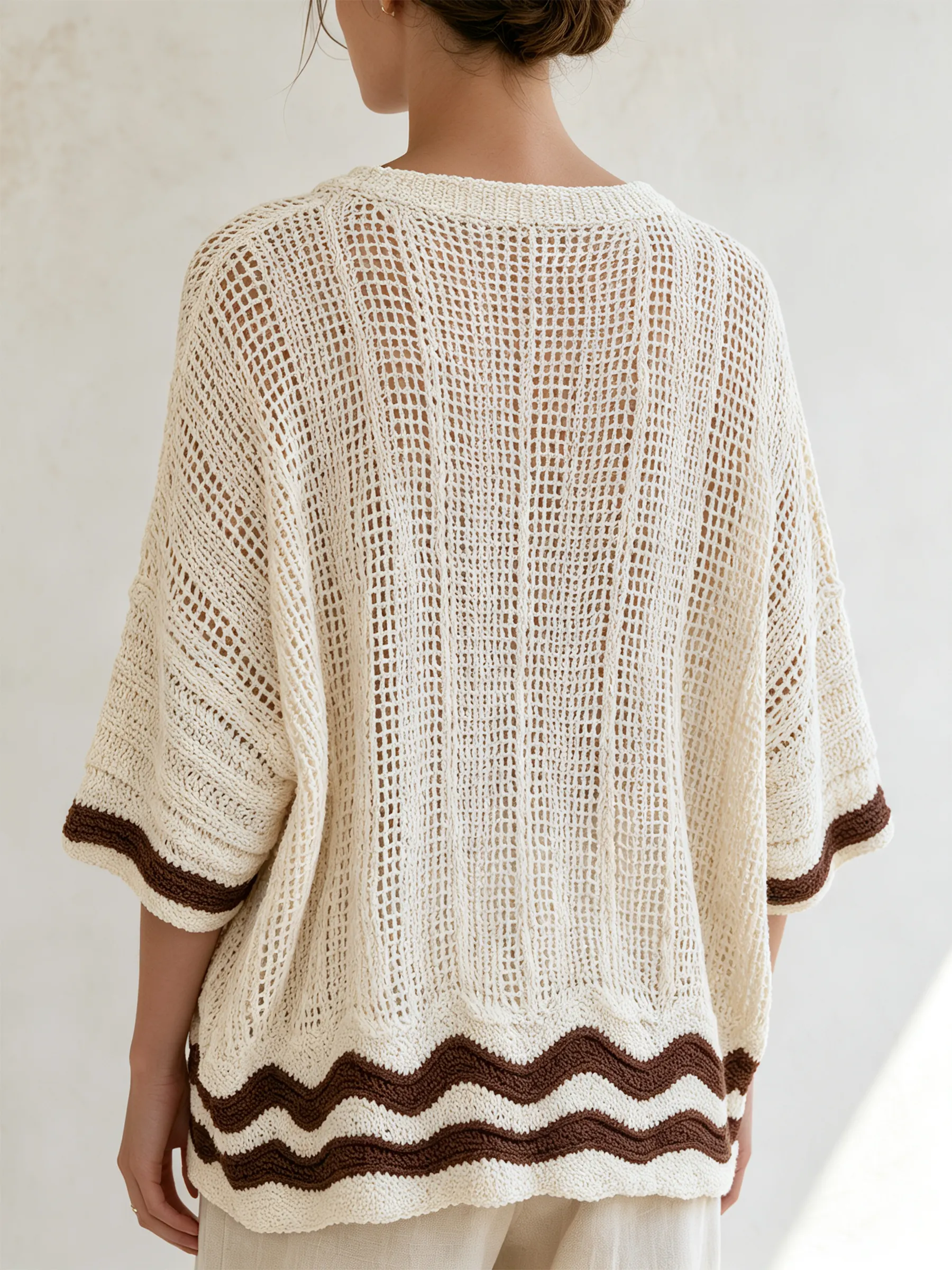 Beige Open Knit Wave Striped Half Sleeve Knit Cardigan