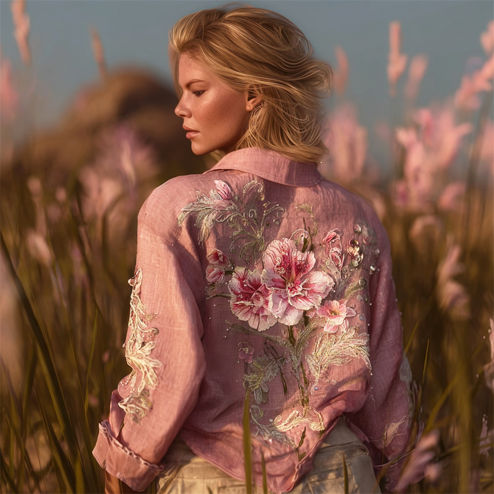 Boho Floral Embroidery Vintage Women's Linen Shirt