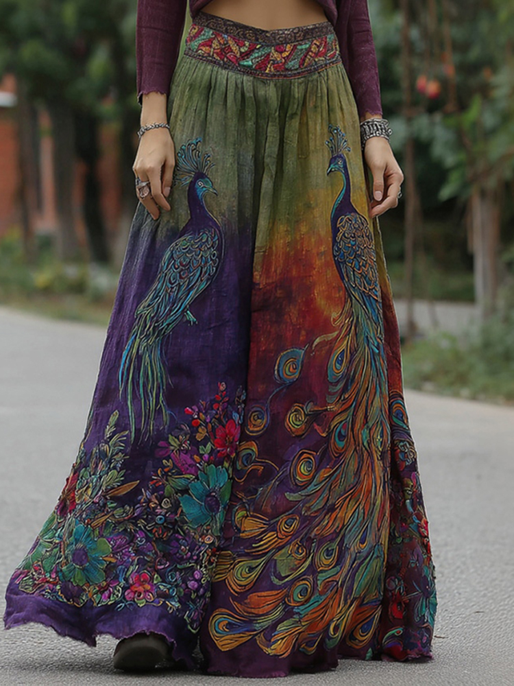 Retro Elegant Peacock Floral Embroidery Art Linen Blend Casual Midi Skirt